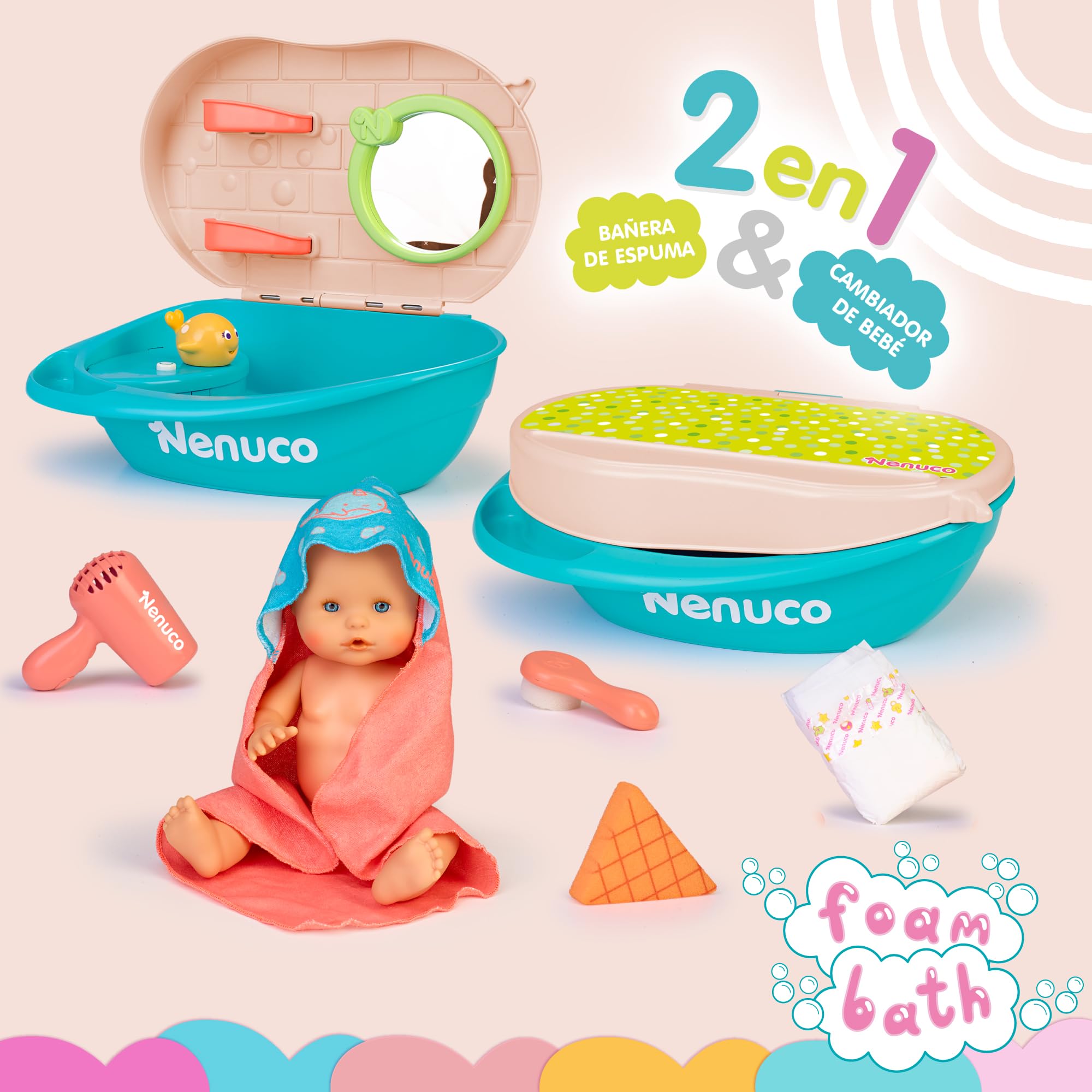 Nenuco Bagnetto Bolle bambola 35 cm con vasca 2 in 1