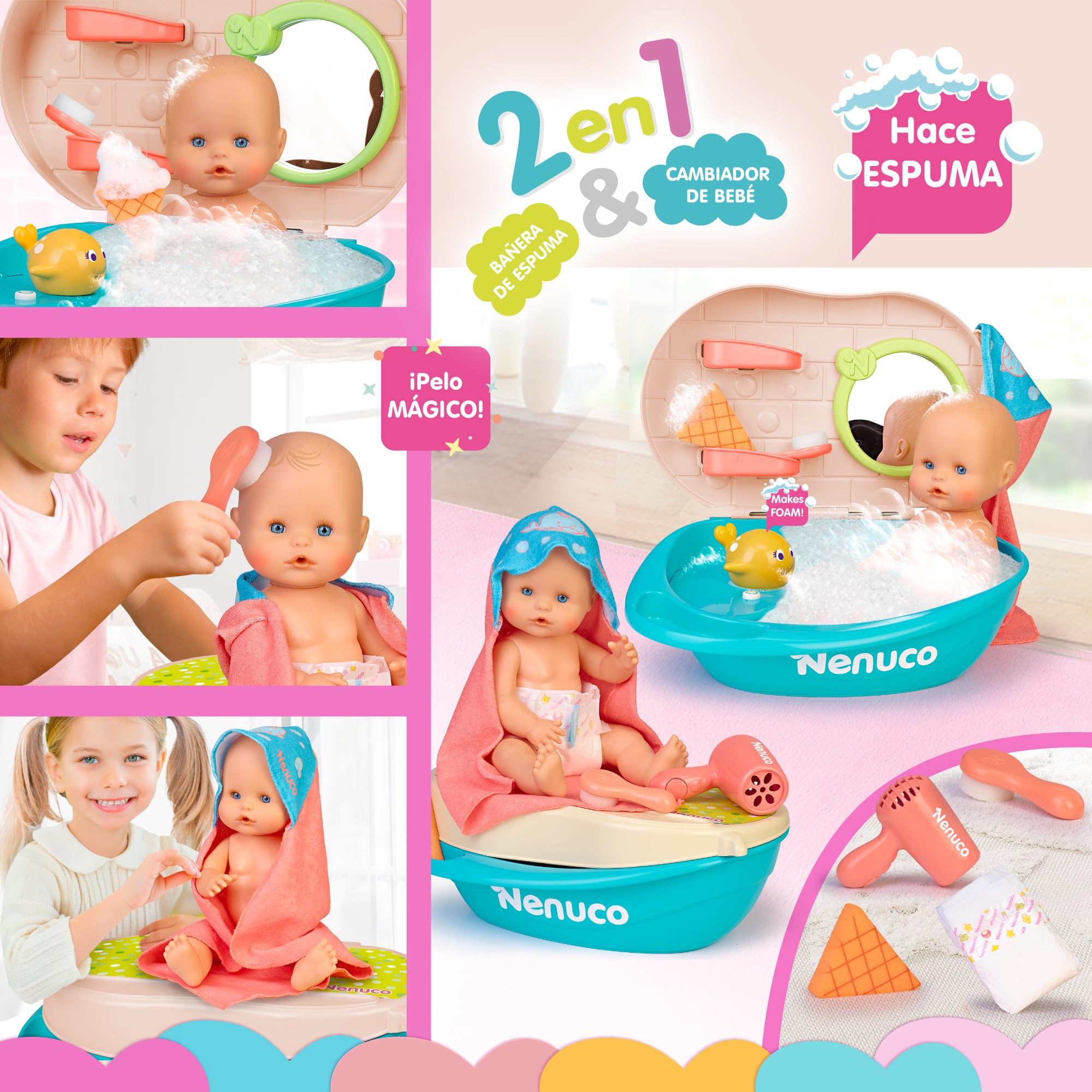 Nenuco Bagnetto Bolle bambola 35 cm con vasca 2 in 1