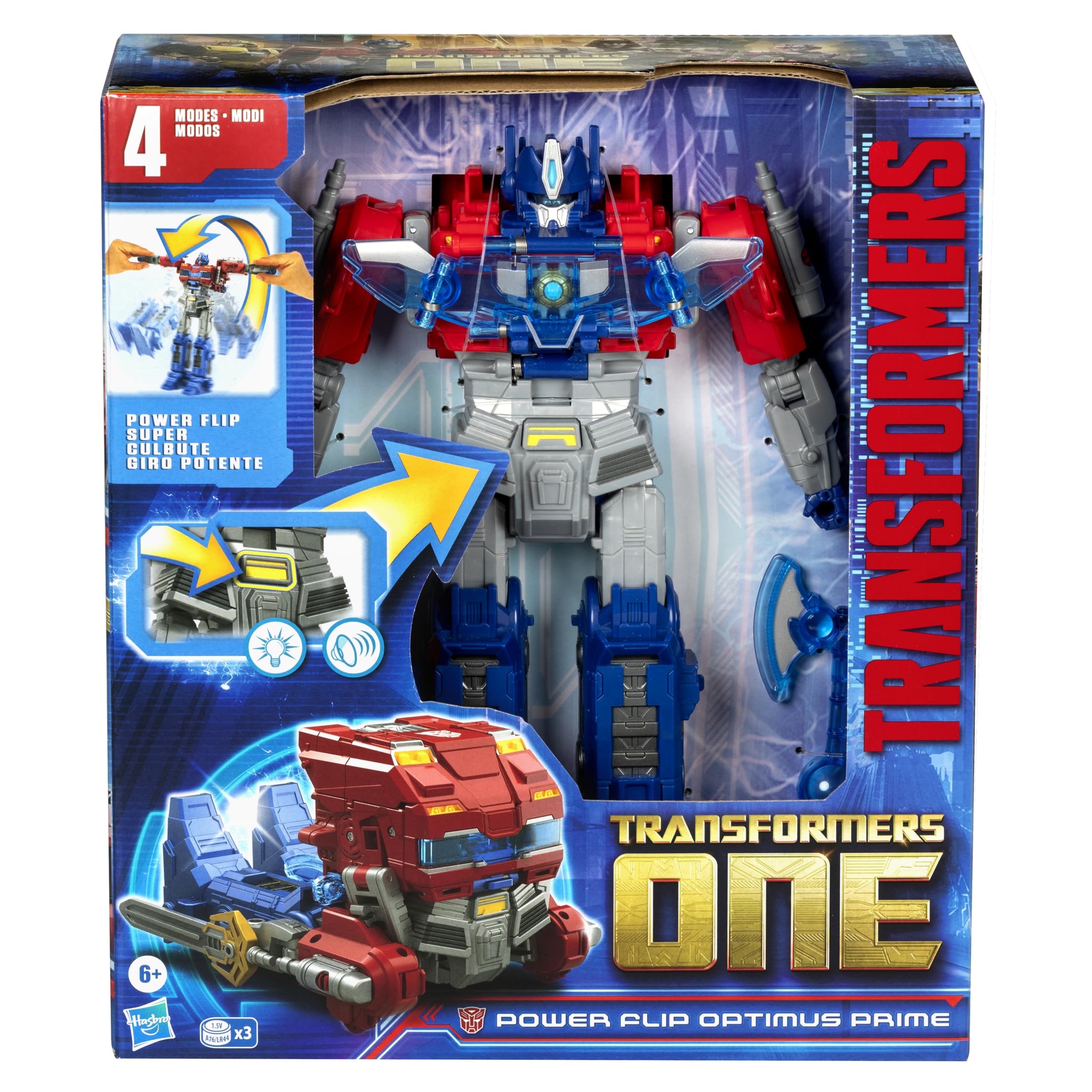 Transformers One Power Flip Optimus Prime action figure camion luci