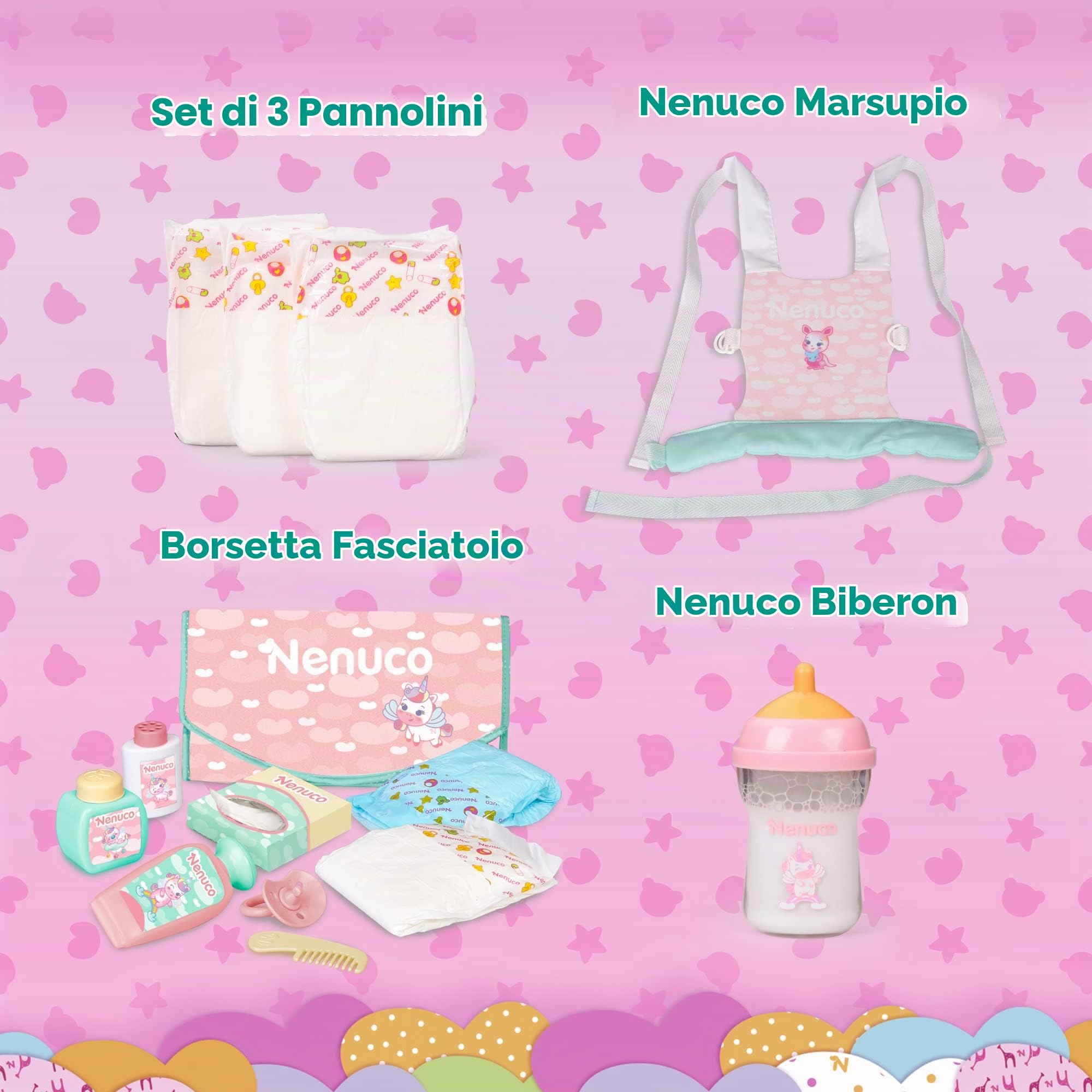 Nenuco Accessori marsupio bambola rosa verde 35-42 cm
