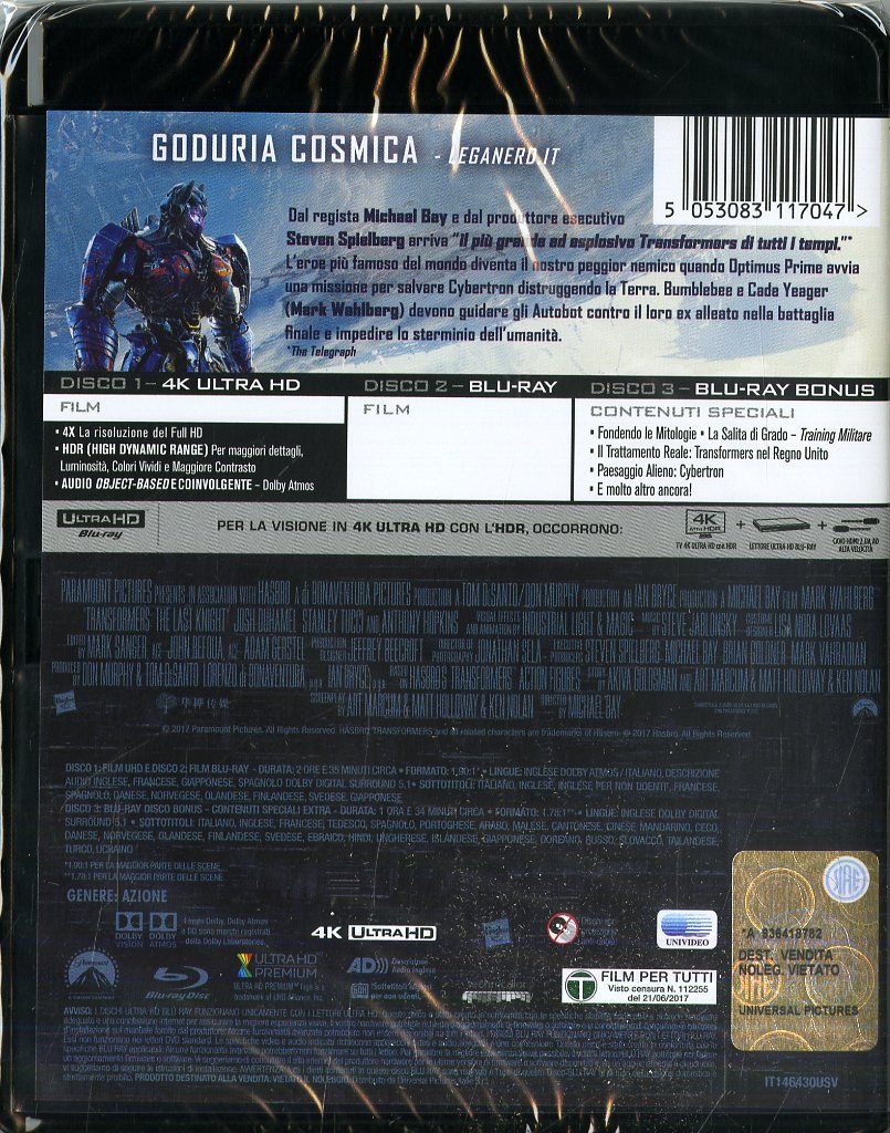 Transformers L'Ultimo Cavaliere Film 4K Ultra-HD + Blu-Ray