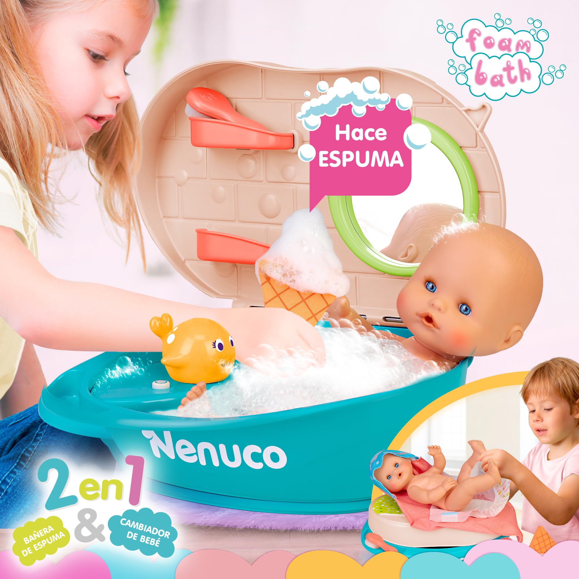 Nenuco Bagnetto Bolle bambola 35 cm con vasca 2 in 1
