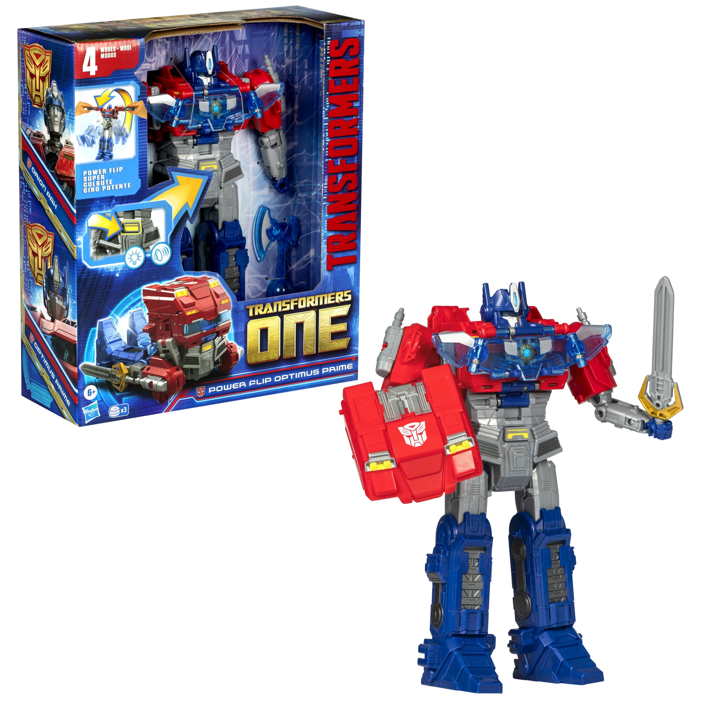 Transformers One Power Flip Optimus Prime action figure camion luci